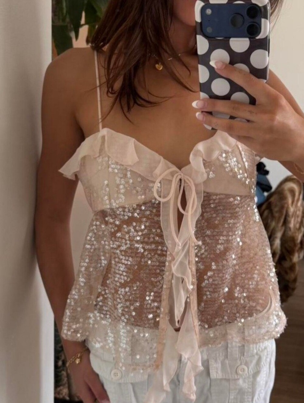 ZARA WOMAN STRAPPY SEQUINNED CAMISOLE TOPFRILLS BEIGE PINK S